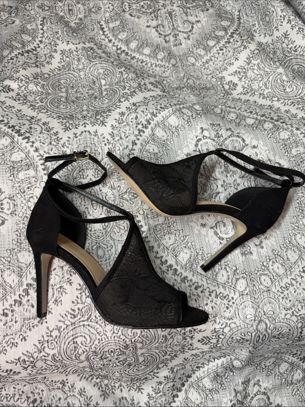 BCBGeneration Black Lace Strappy Peep-Toe Heels - 6